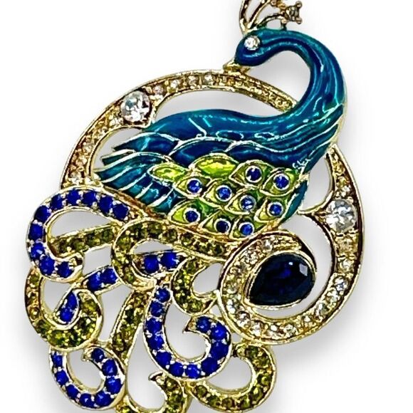 Peacock Blue Enamel Rhinestones Pendant Marked CHMF - Picture 3 of 5